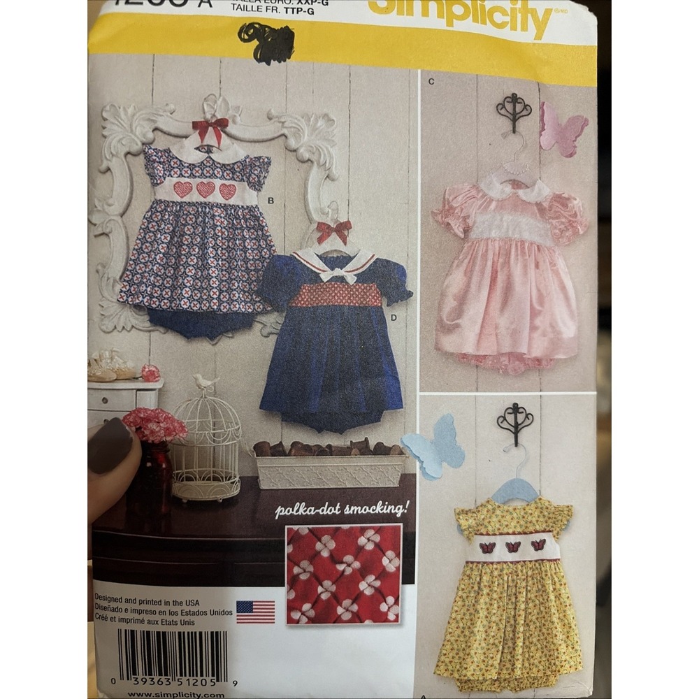 Simplicity Sewing Pattern 1205A XXS-L Baby Dress and Panties Polka-Dot Smocking